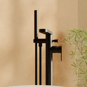 Nuie Cyprus freestanding bath shower mixer in matt black lifestyle bathroom setting (BIN421F)