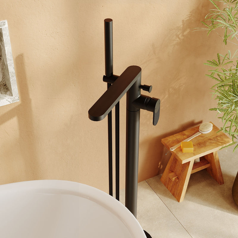 Nuie Cyprus freestanding bath shower mixer in matt black lifestyle bathroom setting (BIN421F)