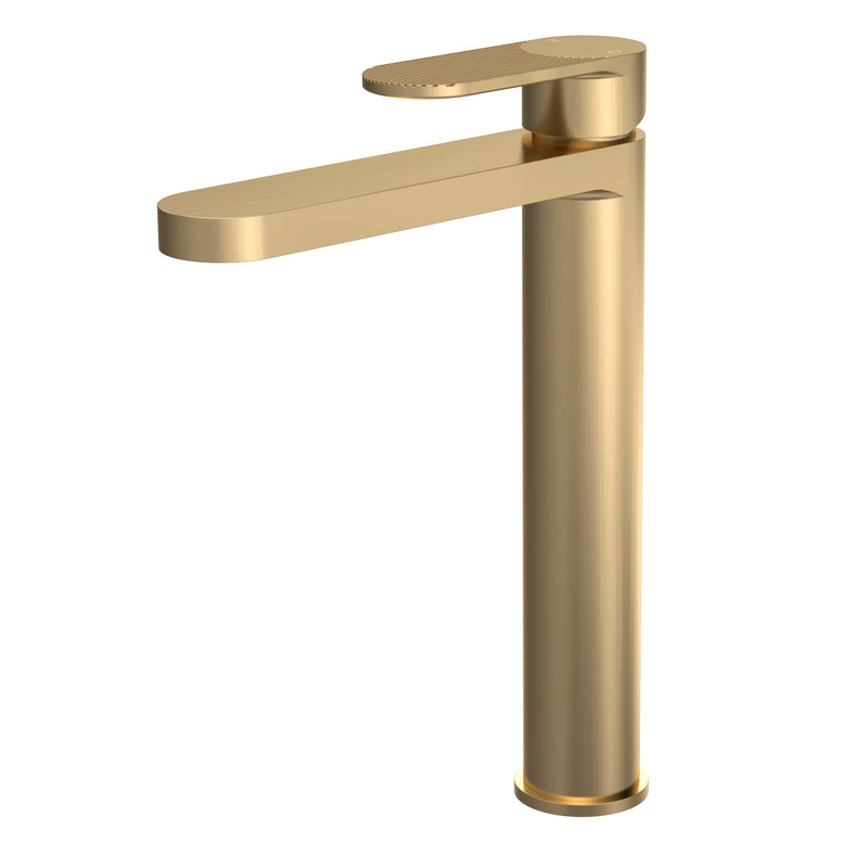 Nuie Cyprus high rise mono basin mixer in brushed brass with fluted lever detailing (BIN870F)