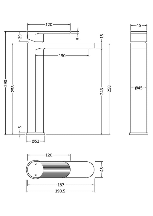Nuie Cyprus high rise mono basin mixer dimensioned technical drawing (BIN770F)