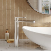 Nuie Cyprus high rise mono basin mixer in chrome lifestyle bathroom setting (BIN370F)