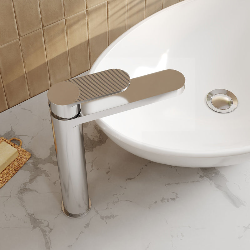 Nuie Cyprus high rise mono basin mixer in chrome lifestyle bathroom setting (BIN370F)