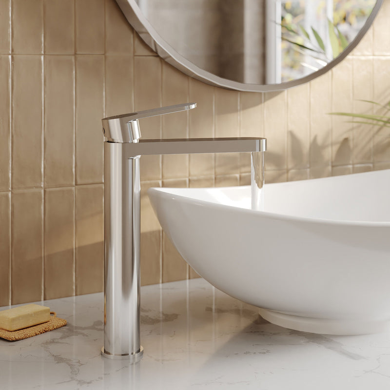 Nuie Cyprus high rise mono basin mixer in chrome lifestyle bathroom setting (BIN370F)