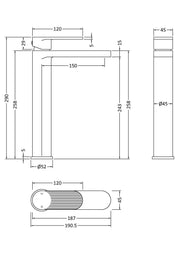Nuie Cyprus high rise mono basin mixer dimensioned technical drawing (BIN470F)