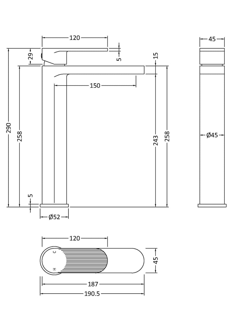 Nuie Cyprus high rise mono basin mixer dimensioned technical drawing (BIN470F)