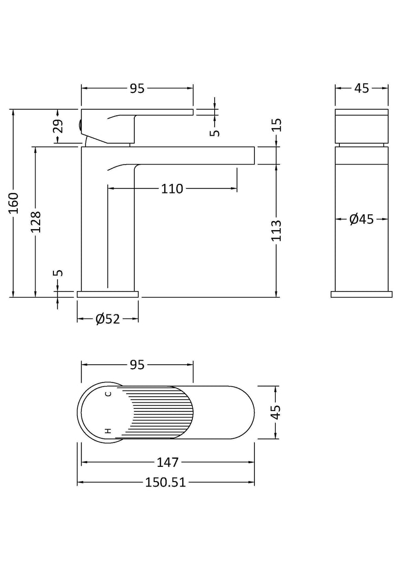 Nuie Cyprus mono basin mixer with push button waste dimensioned technical drawing (BIN805F)