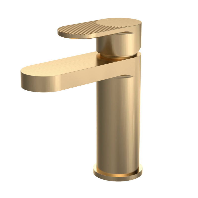 Nuie Cyprus mono basin mixer with push button waste in brushed brass with fluted lever detailing (BIN805F)
