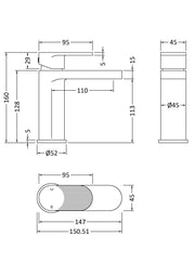 Nuie Cyprus mono basin mixer with push button waste dimensioned technical drawing (BIN1505F)