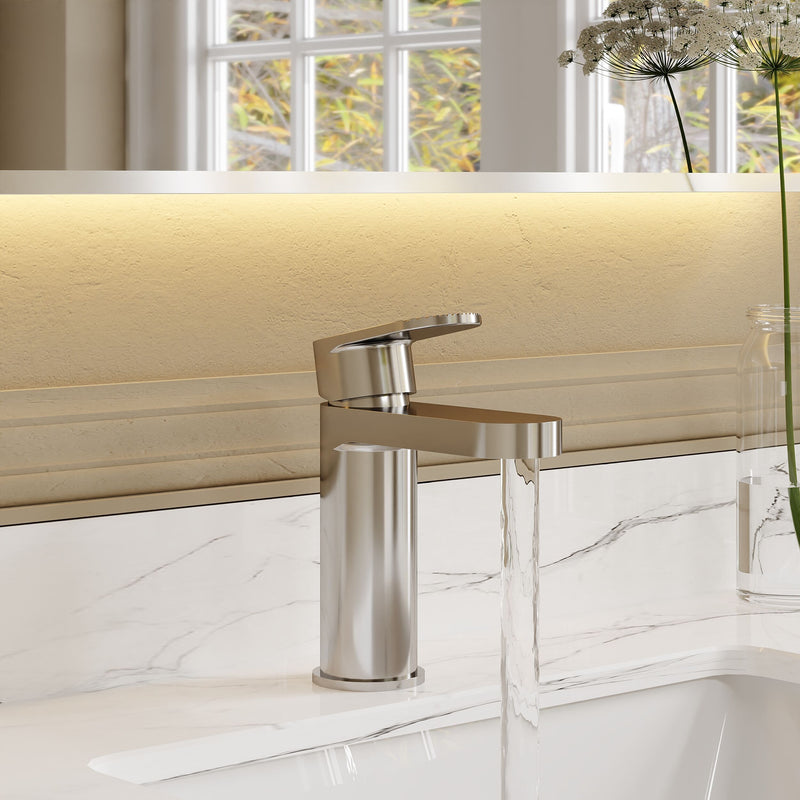 Nuie Cyprus mono basin mixer with push button waste in chrome lifestyle bathroom setting (BIN305F)