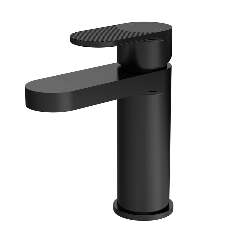 Nuie Cyprus mono basin mixer with push button waste in matt black with fluted lever detailing (BIN405F)