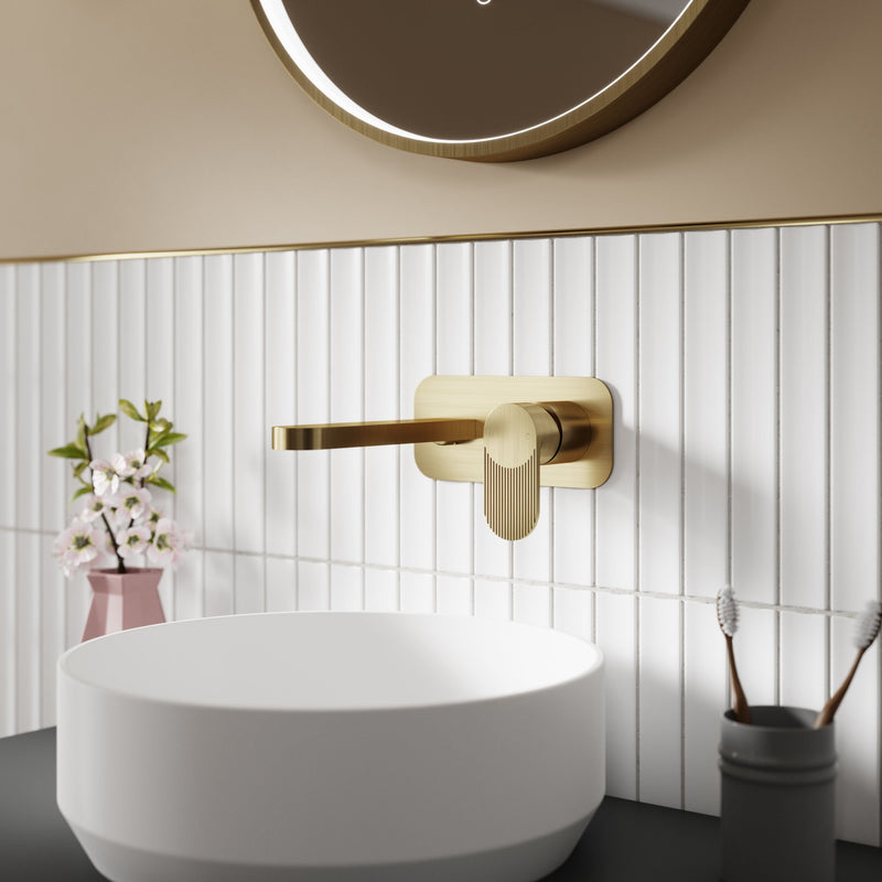 Nuie Cyprus wall mounted basin mixer 2 tap hole with plate in brushed brass lifestyle bathroom setting (BIN828F)