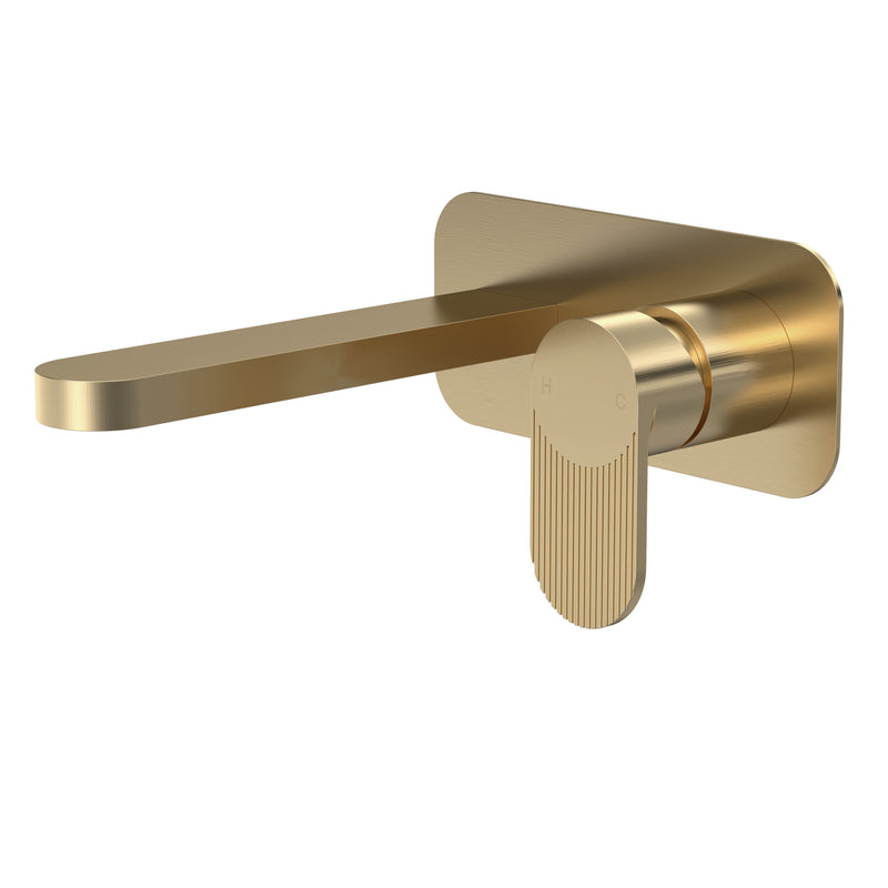 Nuie Cyprus wall mounted basin mixer 2 tap hole with plate in brushed brass with fluted lever detailing (BIN828F)