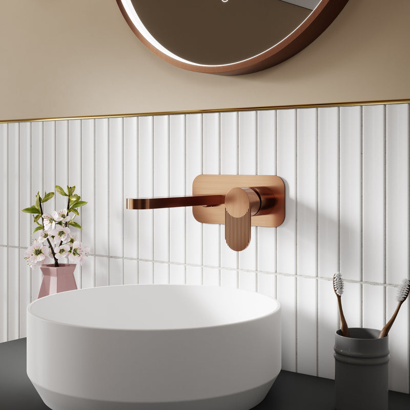 Nuie Cyprus wall mounted basin mixer 2 tap hole with plate in brushed bronze lifestyle bathroom setting (BIN1528F)