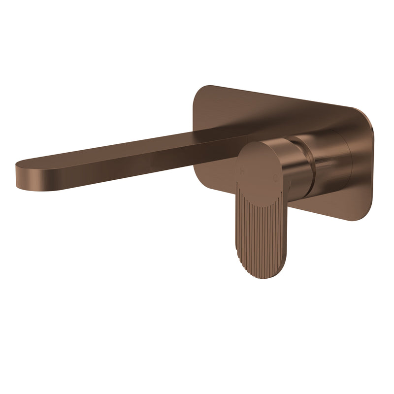 Nuie Cyprus wall mounted basin mixer 2 tap hole with plate in brushed bronze with fluted lever detailing (BIN1528F)