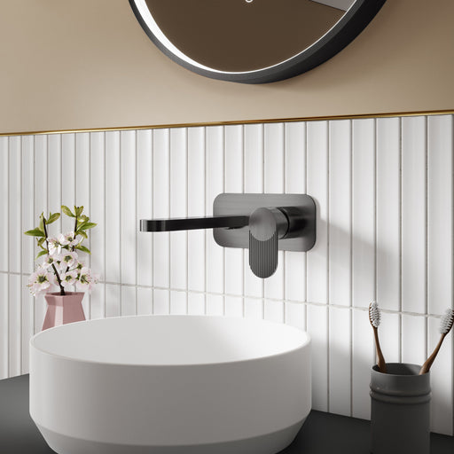 Nuie Cyprus wall mounted basin mixer 2 tap hole with plate in brushed pewter lifestyle bathroom setting (BIN728F)