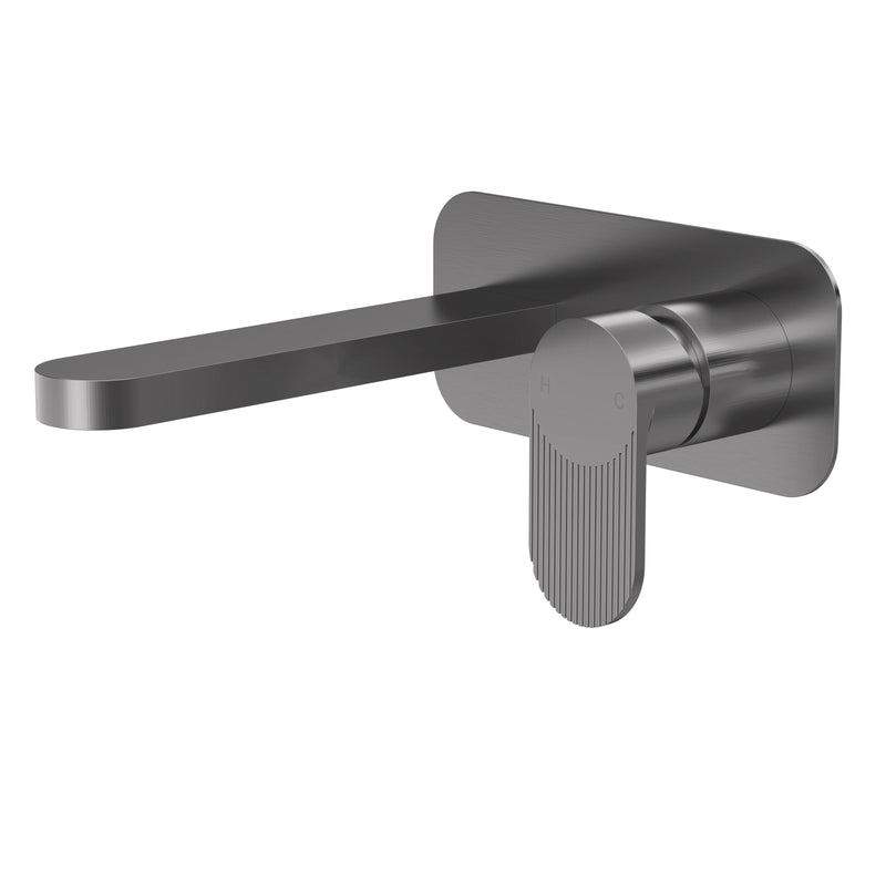 Nuie Cyprus wall mounted basin mixer 2 tap hole with plate in brushed pewter with fluted lever detailing (BIN728F)