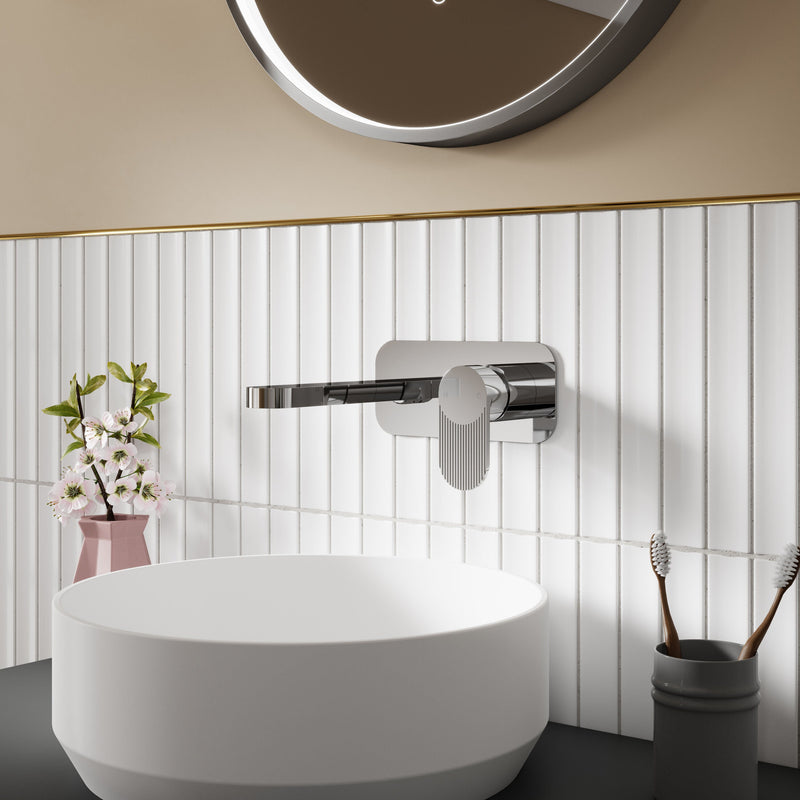 Nuie Cyprus wall mounted basin mixer 2 tap hole with plate in chrome lifestyle bathroom setting (BIN328F)