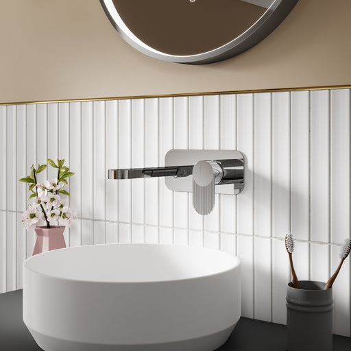 Nuie Cyprus wall mounted basin mixer 2 tap hole with plate in chrome lifestyle bathroom setting (BIN328F)