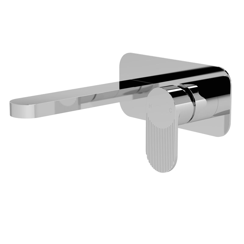 Nuie Cyprus wall mounted basin mixer 2 tap hole with plate in chrome with fluted lever detailing (BIN328F)