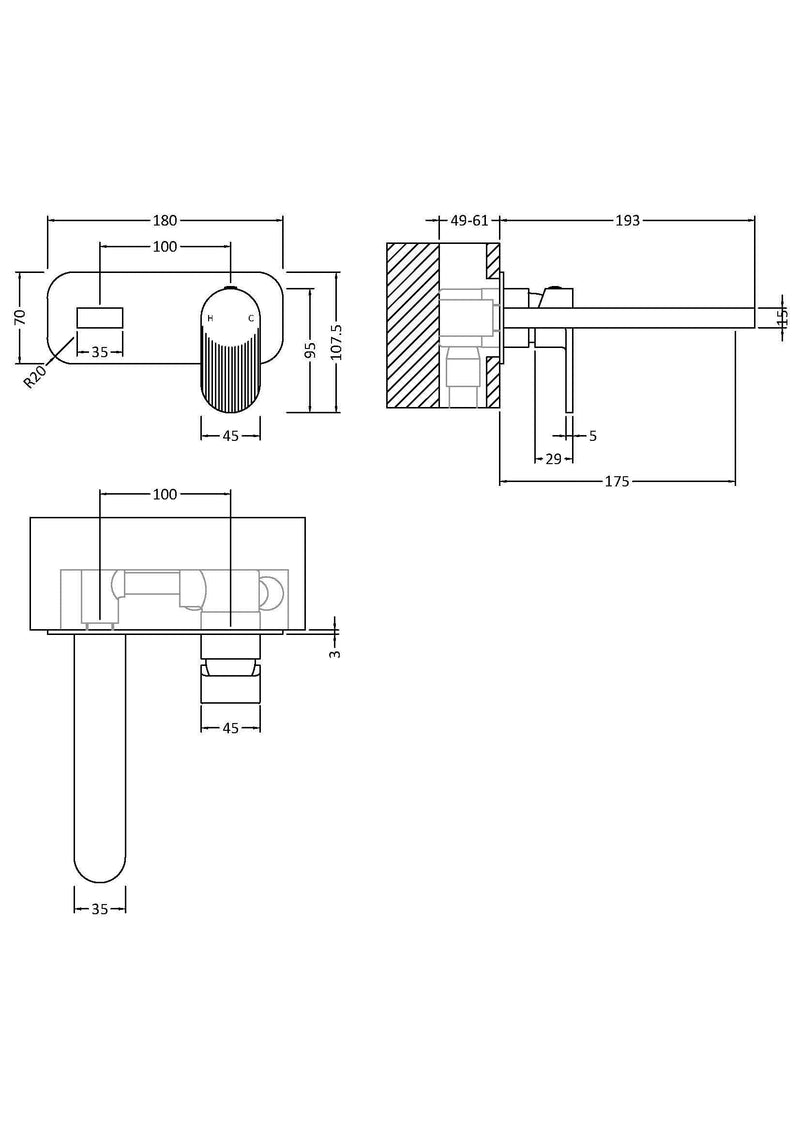 Nuie Cyprus wall mounted basin mixer 2 tap hole with plate dimensioned technical drawing (BIN428F)