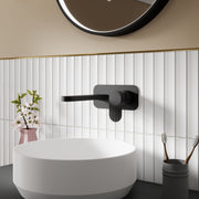 Nuie Cyprus wall mounted basin mixer 2 tap hole with plate in matt black lifestyle bathroom setting (BIN428F)