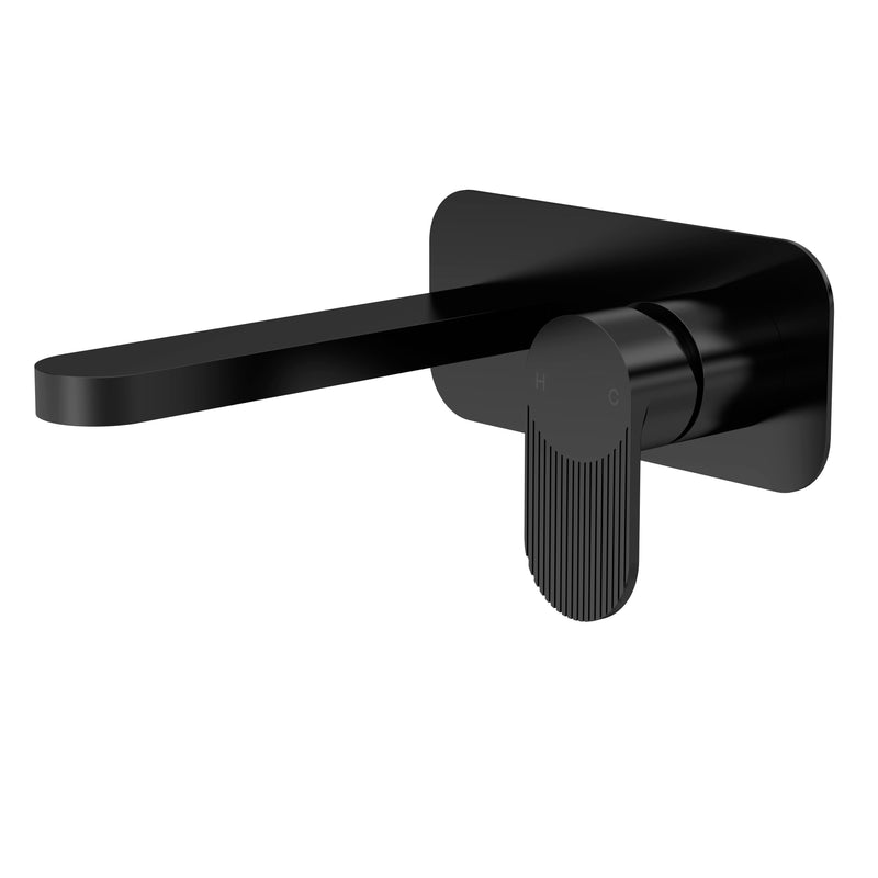 Nuie Cyprus wall mounted basin mixer 2 tap hole with plate in matt black with fluted lever detailing (BIN428F)