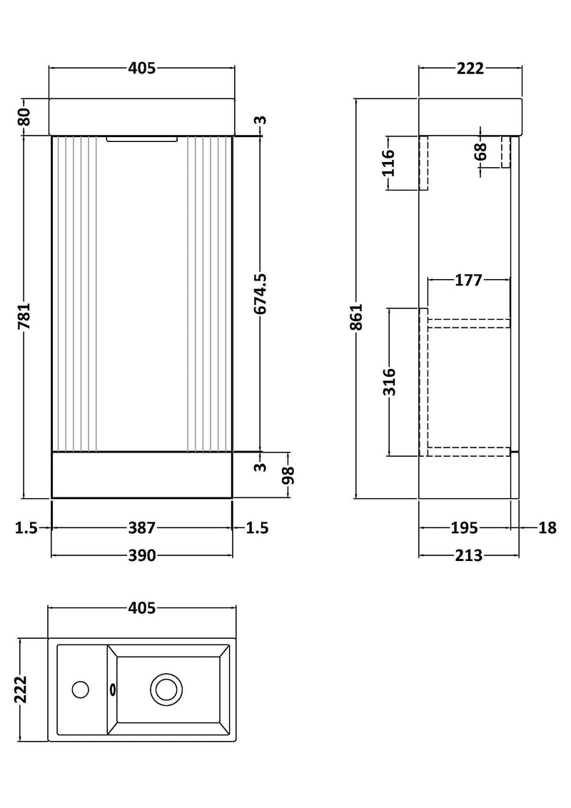 Nuie Deco Compact 400mm Floor Standing Vanity Unit with Basin line drawing