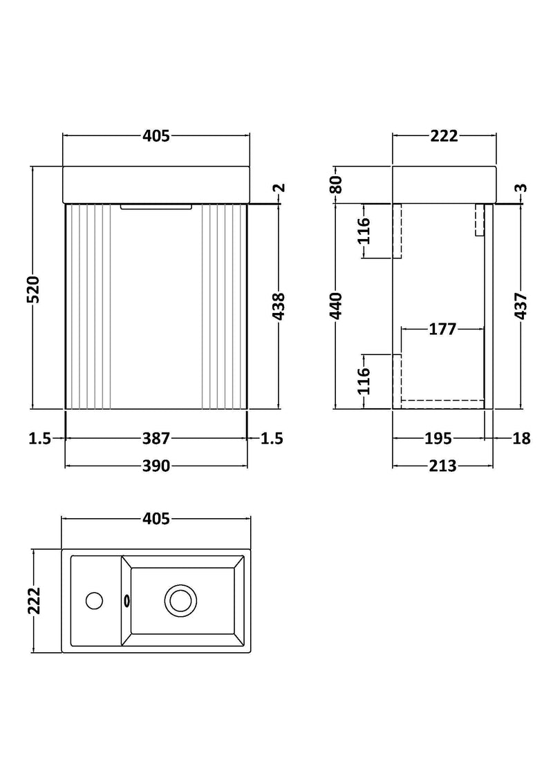 Nuie Deco Compact 400mm Wall Hung Vanity Unit with Basin line drawing