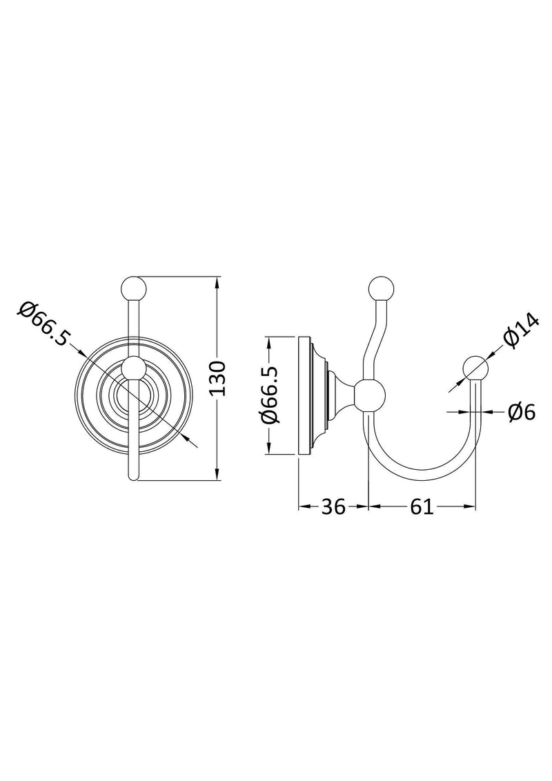 Nuie Double Robe Hook Chrome (LH311) line drawing