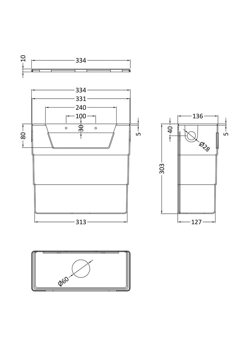Nuie Dual Flush Concealed Cistern with Chrome Flush Button dimensioned line drawing