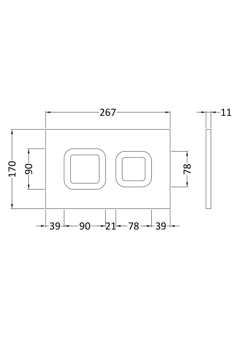 Nuie square dual flush push button plate dimensions line drawing