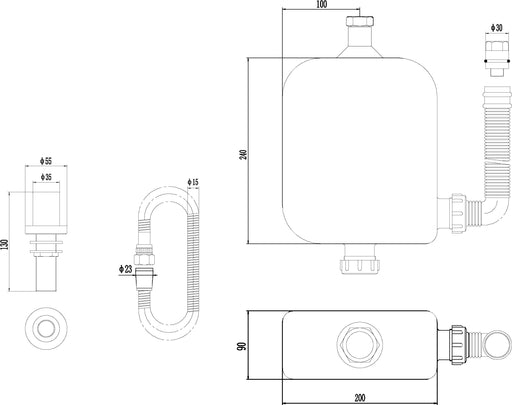 Nuie Chrome Deck Shower Kit dimensions line drawing
