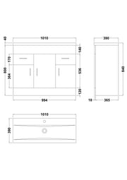 Nuie Eden 1000mm Gloss White floor standing vanity unit with mid-edge basin - dimensioned line drawing