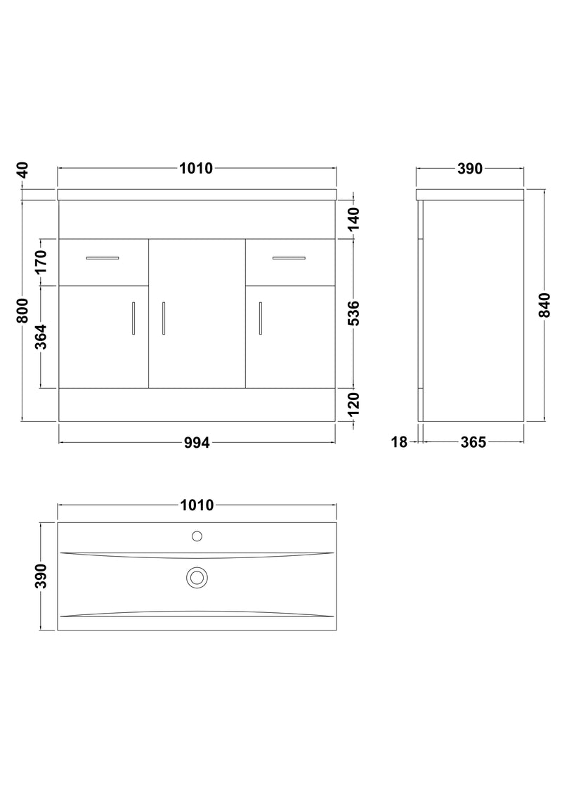 Nuie Eden 1000mm Gloss White floor standing vanity unit with mid-edge basin - dimensioned line drawing