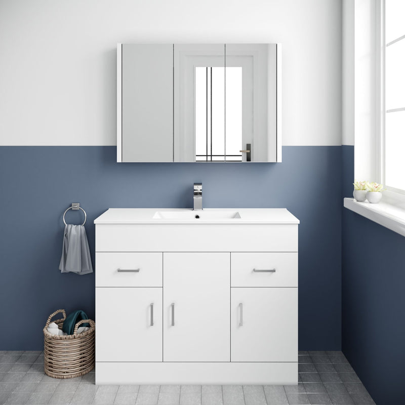Nuie Eden 1000mm Gloss White floor standing vanity unit with mid-edge basin - bathroom lifestyle setting