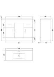 Nuie Eden 1000mm Gloss White floor standing vanity unit with minimalist basin - dimensioned line drawing