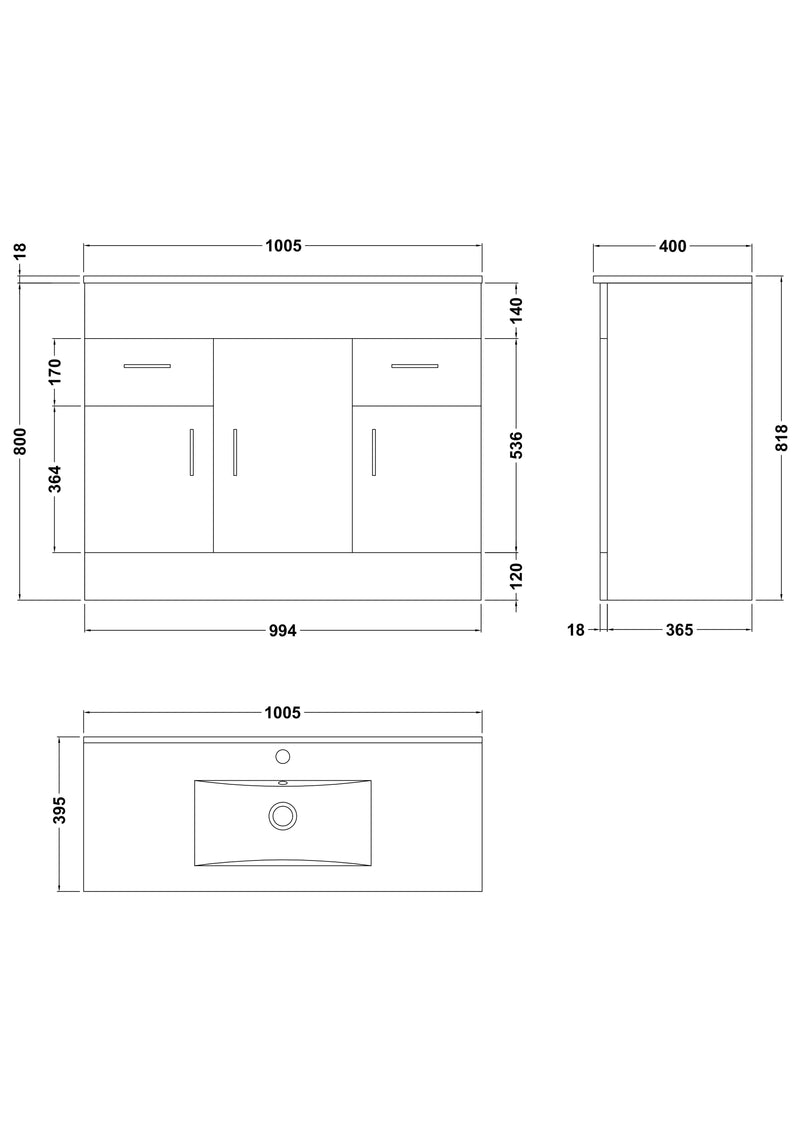 Nuie Eden 1000mm Gloss White floor standing vanity unit with minimalist basin - dimensioned line drawing