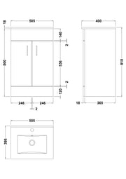 Nuie Eden 500mm Gloss White floor standing vanity unit with mid-edge basin - dimensioned line drawing