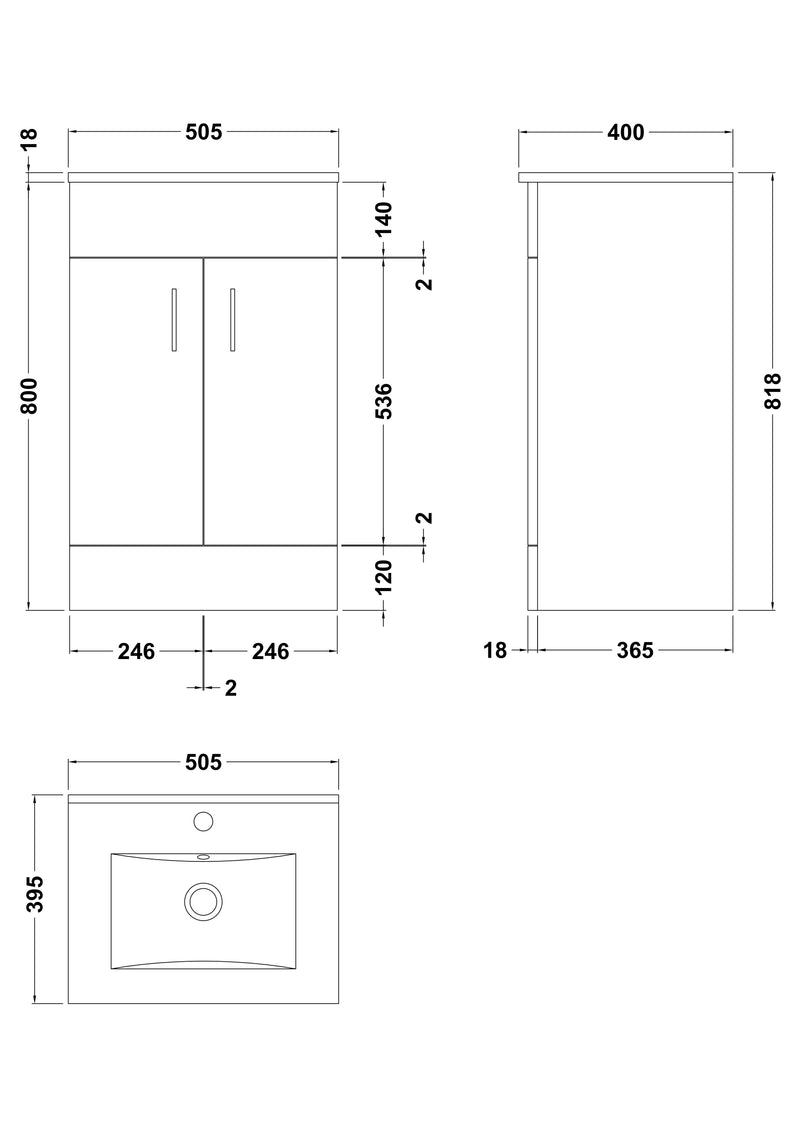 Nuie Eden 500mm Gloss White floor standing vanity unit with mid-edge basin - dimensioned line drawing