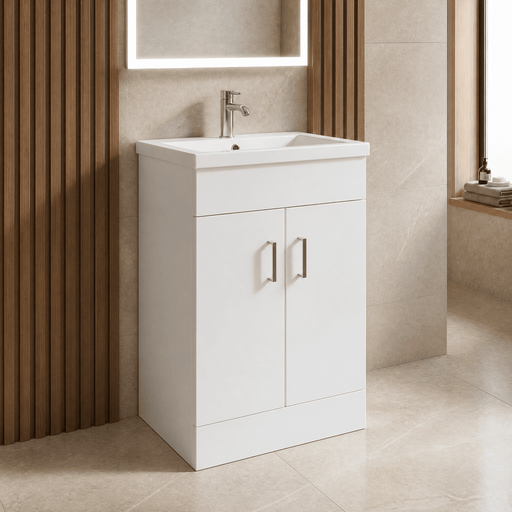 Nuie Eden 500mm Gloss White floor standing vanity unit with mid-edge basin - bathroom lifestyle setting