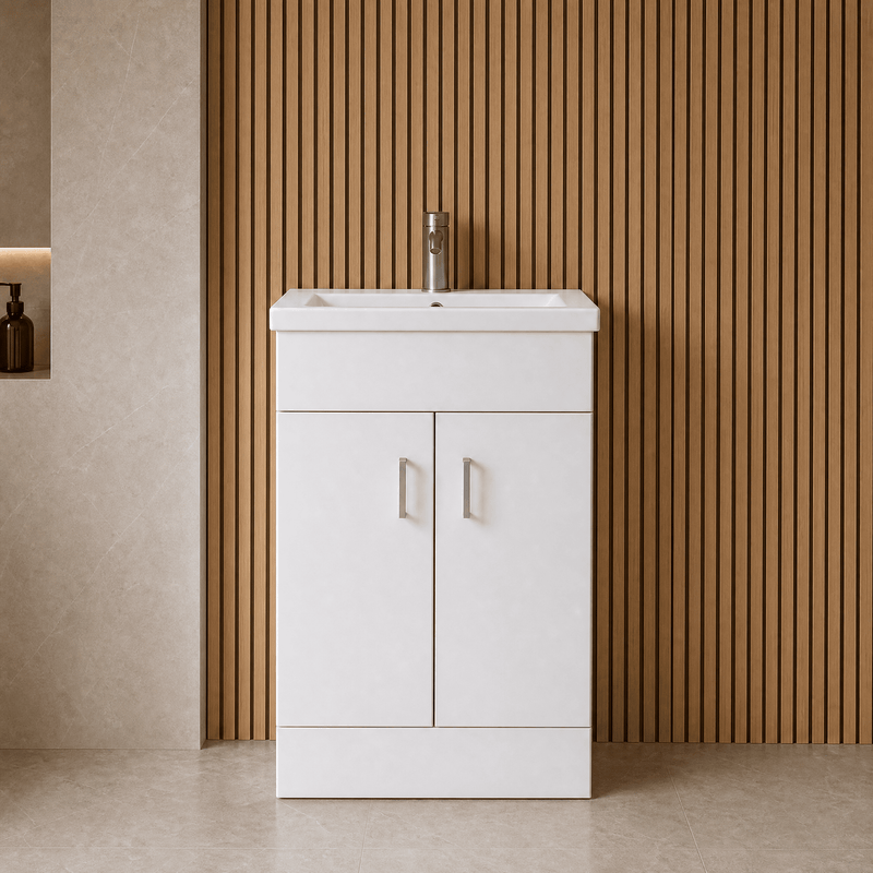 Nuie Eden 500mm Gloss White floor standing vanity unit with mid-edge basin - bathroom lifestyle setting