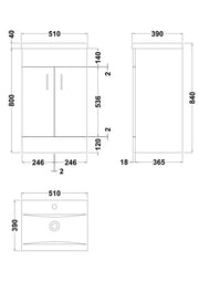 Nuie Eden 500mm Gloss White floor standing vanity unit with minimalist basin - dimensioned line drawing