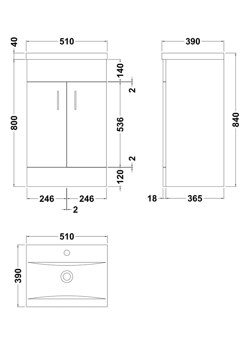 Nuie Eden 500mm Gloss White floor standing vanity unit with minimalist basin - dimensioned line drawing