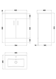 Nuie Eden 600mm Gloss White floor standing vanity unit with mid-edge basin - dimensioned line drawing