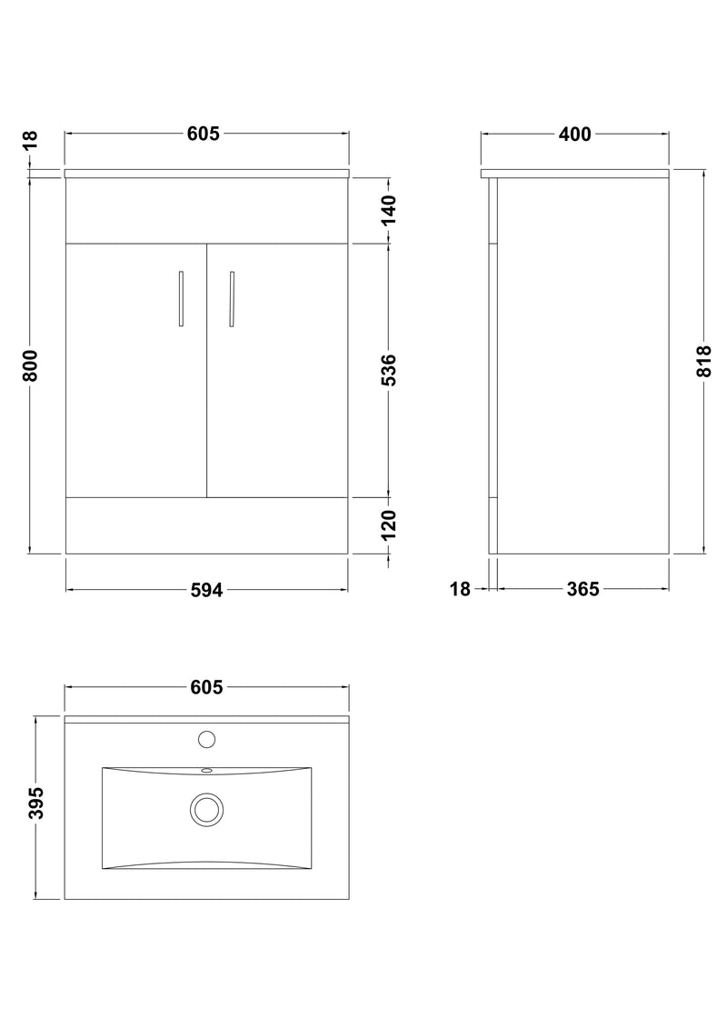 Nuie Eden 600mm Gloss White floor standing vanity unit with mid-edge basin - dimensioned line drawing