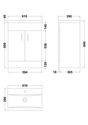 Nuie Eden 600mm Gloss White floor standing vanity unit with minimalist basin - dimensioned line drawing