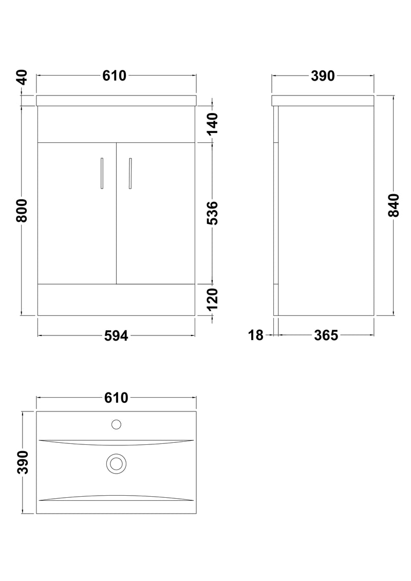 Nuie Eden 600mm Gloss White floor standing vanity unit with minimalist basin - dimensioned line drawing