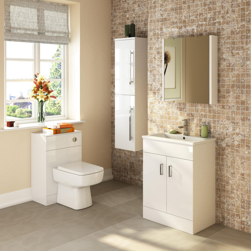 Nuie Eden 600mm Gloss White floor standing vanity unit with minimalist basin - bathroom lifestyle setting