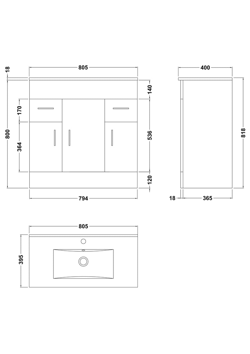 Nuie Eden 800mm Gloss White floor standing vanity unit with mid-edge basin - dimensioned line drawing