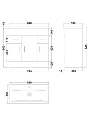 Nuie Eden 800mm Gloss White floor standing vanity unit with minimalist basin - dimensioned line drawing